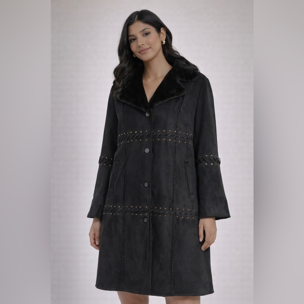 Regal Faux-Fur Black Studded Coat – Size L